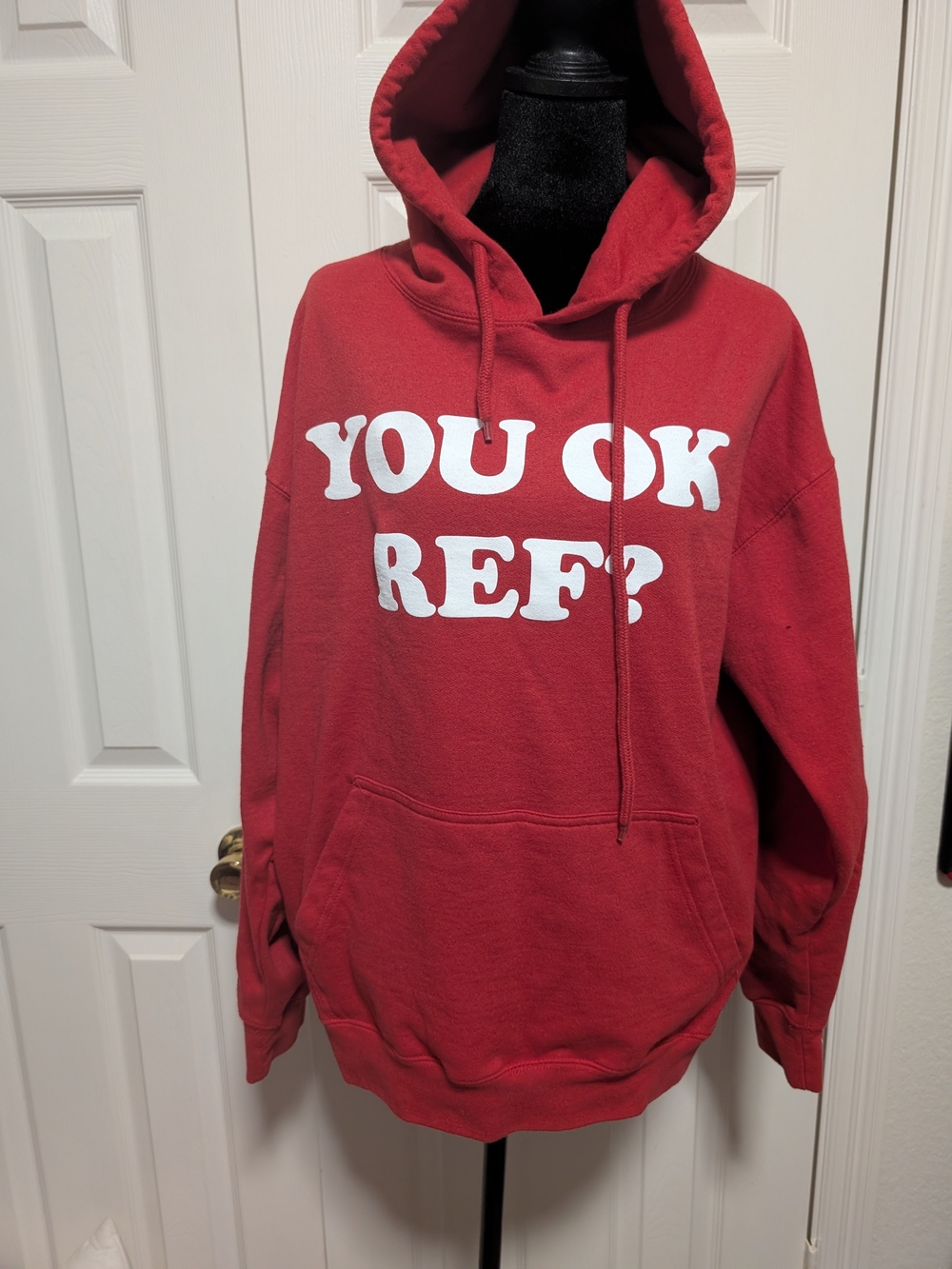 Sugar Red Pullover Hoodie with White "YOU OK REF?" Graphic